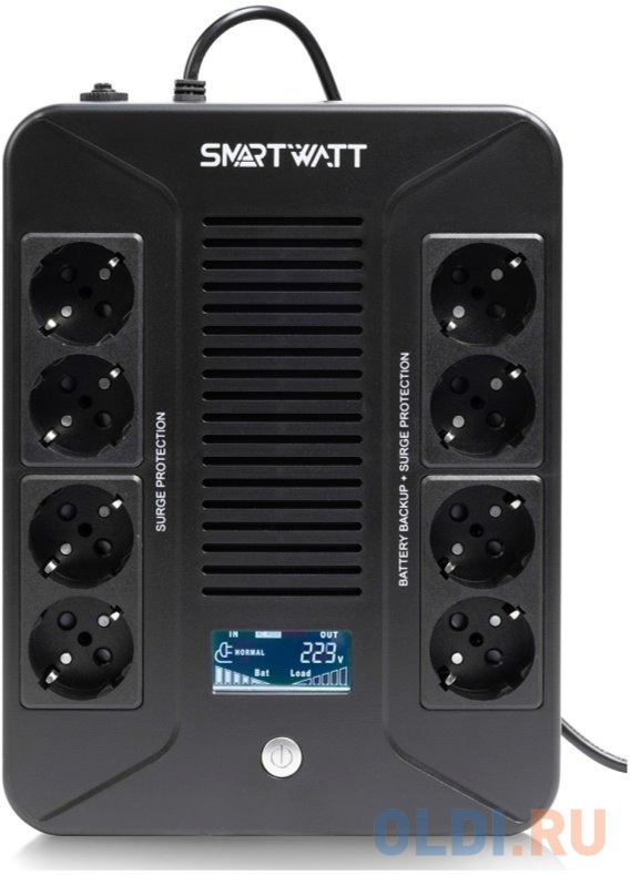 SMARTWATT линейно-интерактивный, 800/480 ВА/Вт, напольный/настенный, LCD дисплей, Shuko CEE7/4 - 8 шт. (4 шт. с резервным питанием, 4 шт. - сетевой фи