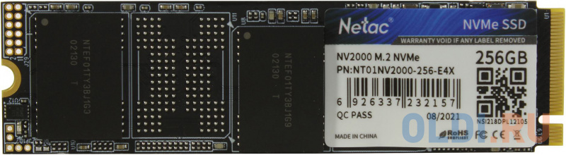 Твердотельный накопитель SSD M.2 Netac 256Gb NV2000 Series <NT01NV2000-256-E4X> Retail (PCI-E 3.1 x4, up to 2500/1000MBs, 3D NAND, 150TBW, NVMe