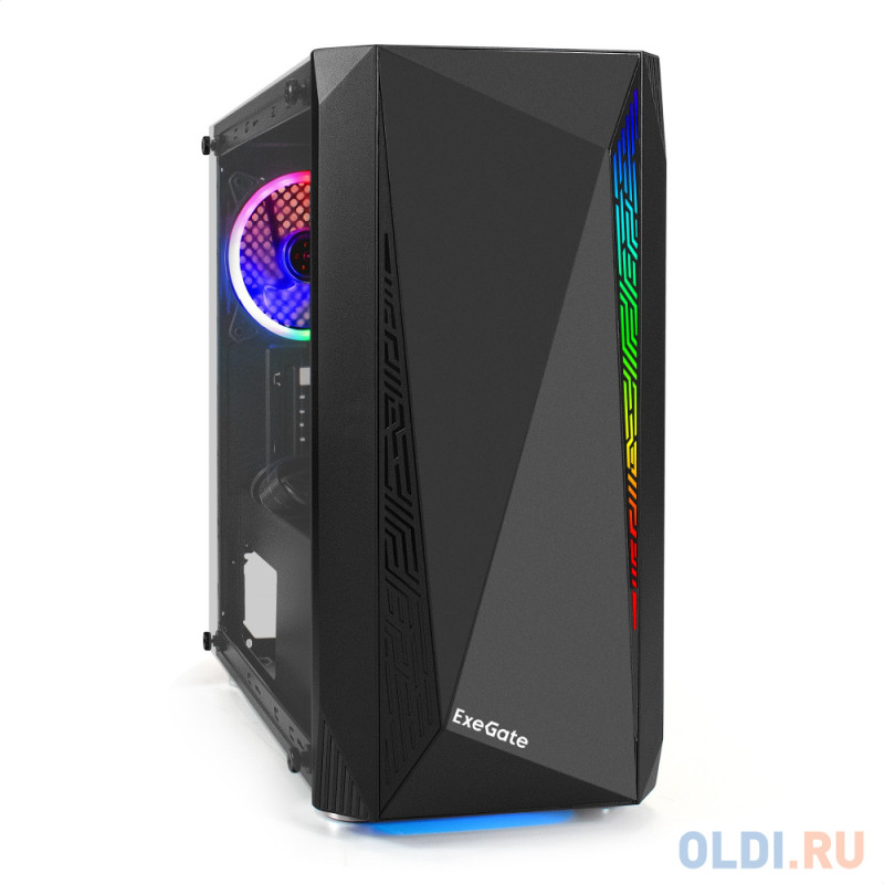 Корпус Minitower ExeGate Mistery R2-NPX400 (mATX, БП 400NPX с вент. 12 см, 2*USB+1*USB3.0, аудио, черный, 1 вент. 12см с RGB подсветкой и полоса на пе