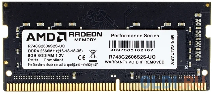 Оперативная память для ноутбука AMD R748G2606S2S-UO SO-DIMM 8Gb DDR4 2666 MHz R748G2606S2S-UO