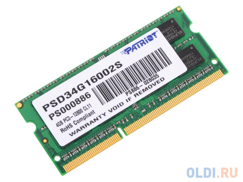 Оперативная память для ноутбука Patriot Signature Line SO-DIMM 4Gb DDR3 1600 MHz PSD34G16002S