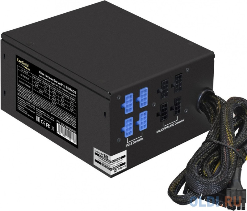 Exegate EX292198RUS Серверный БП 500W ExeGate ServerPRO-500RADS (ATX, for 3U+ cases, APFC, КПД 80% (80 PLUS), 14cm fan, 24pin, (4+4)pin, PCIe, 5xSATA,