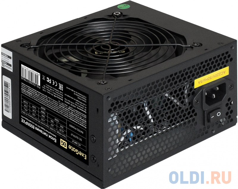 Блок питания 800W ExeGate 800NPXE (ATX, PPFC, SC, 12cm fan, 24pin, (4+4)pin, 2xPCI-E, 5xSATA, 3xIDE, black, кабель 220V с защитой от выдергивания)