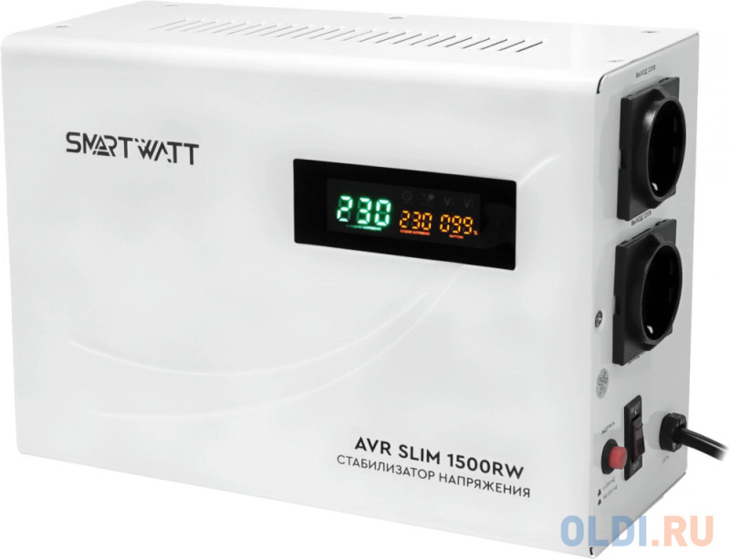 Настенный стабилизатор напряжения SMARTWATT AVR SLIM 1500RW (100W - 260W, 1500VA, 1.5 кВт, 50 Гц, розеток - 2, LED-диспл