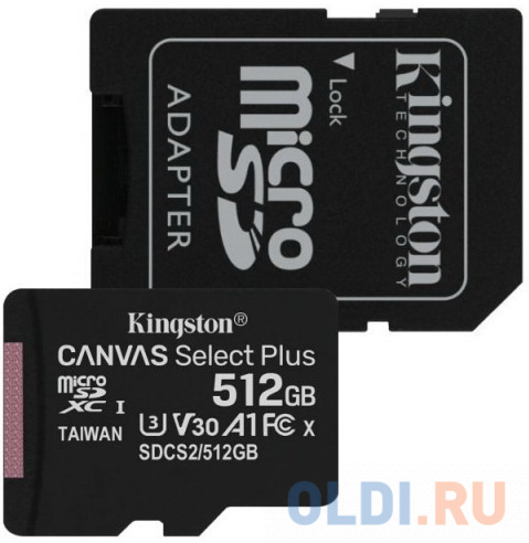 Флеш карта microSDHC 512GB Class10 Kingston <SDCS2/512GB> UHS-I Canvas Select up to 100MB/s с адапт.