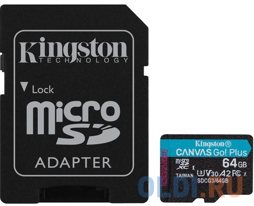 Флеш карта microSDXC 64Gb  Kingston,microSDXC, UHS-II Class U3 V30 A2, чтение: 170Мб/с, запись: 70Мб/с, с адаптером <SDCG3/64GB>