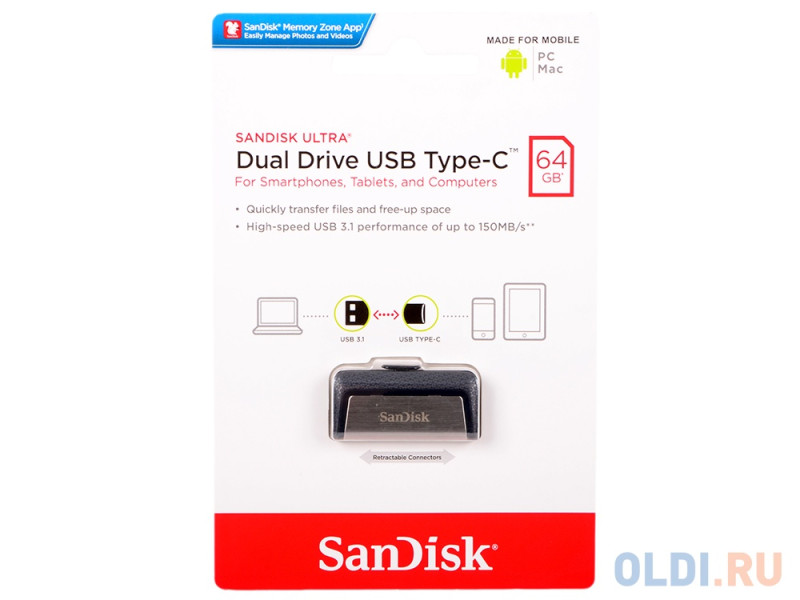 Флешка USB 64Gb SanDisk Ultra Dual SDDDC2-064G-G46 серый с узором