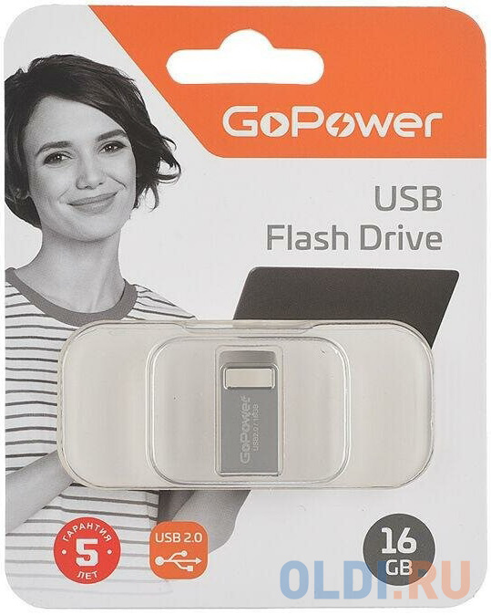 Флеш-накопитель GoPower MINI 16GB USB2.0 металл серебряный (1/50/1000)