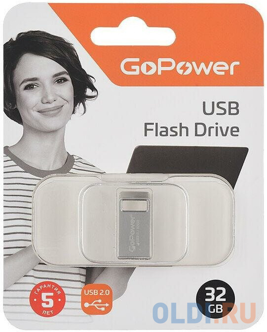 Флеш-накопитель GoPower MINI 32GB USB2.0 металл серебряный (1/50/1000)