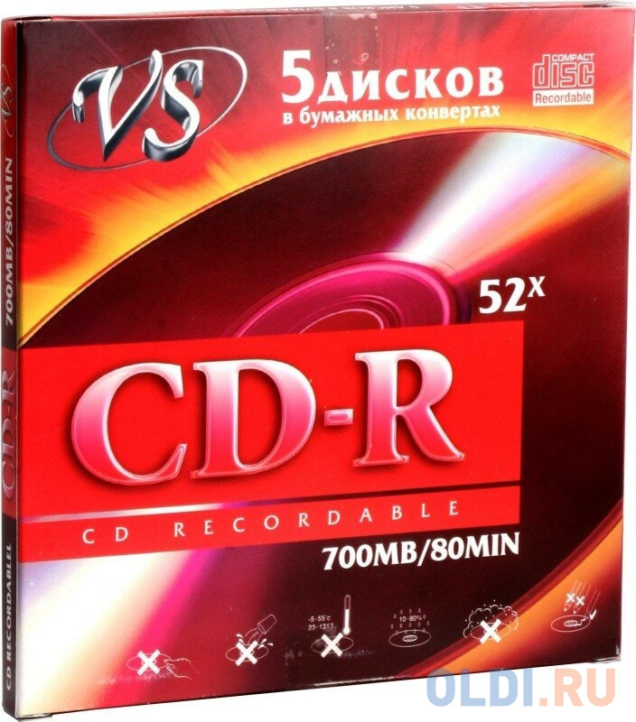 Диск CD-R VS 700 Mb, 52x, Бум. конверт (5), (5/250)