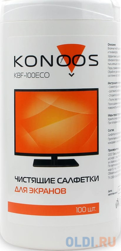 Салфетки Konoos KBF-100ECO для ЖК-экранов в банке, 100 шт.