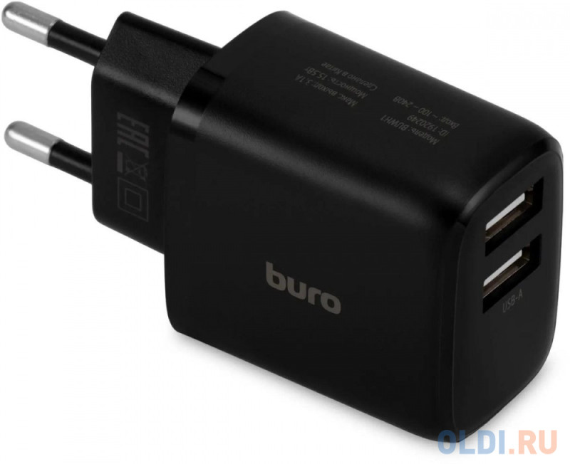 Сетевое зарядное устройство Buro BUWH1,  2xUSB,  15.5Вт,  3.1A,  черный [buwh15s200bk]