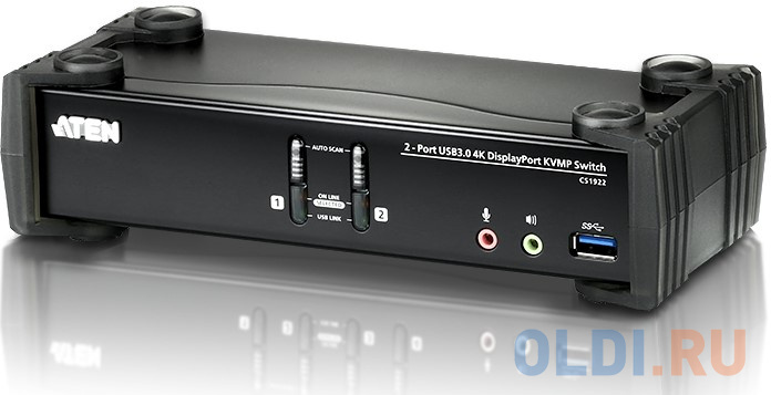 Переключатель KVM ATEN  CS1922-AT-G Переключатель, электрон., KVM+Audio+USB 3.0,  1 user USB+DP =>  2 cpu USB+DP, со шнурами DP 2x1.5м.+USB 2х1.8м.