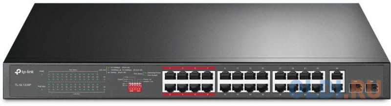 24-port 10/100Mbps Unmanaged PoE+ Switch with 2 combo RJ-45/SFP uplink ports, metal case, rack mount