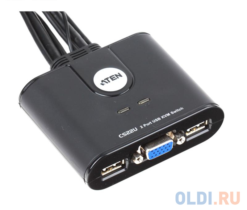 Переключатель KVM ATEN USB+VGA = 2 cpu USB+VGA, 2048x1536, настол., исп.стандарт.шнуры, без OSD (CS22U-A7|)