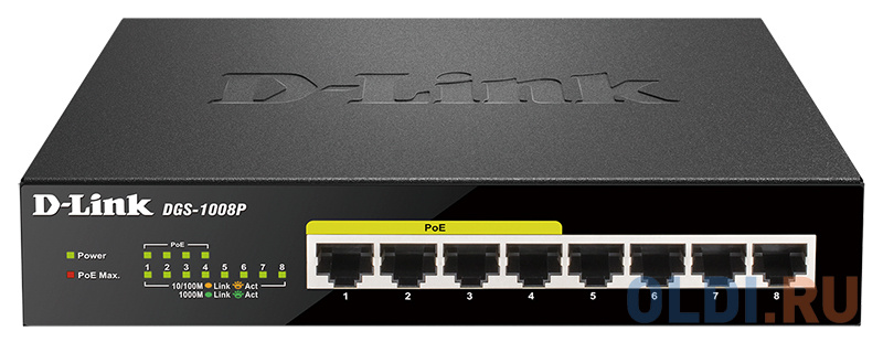 Коммутатор D-Link DGS-1008P/E1A 8G 4PoE+ 80W неуправляемый