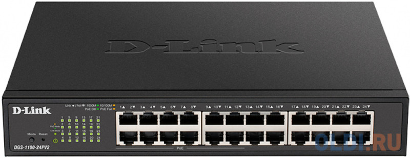 D-Link DGS-1100-24PV2/A3A, L2 Smart Switch with 24 10/100/1000Base-T ports (12 PoE ports 802.3af/802.3at (30 W), PoE Budget 100 W). 8K Mac address, 80