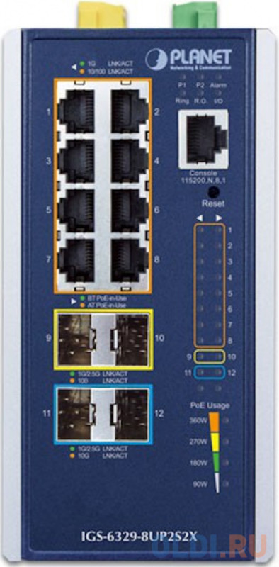 коммутатор/ PLANET IGS-6329-8UP2S2X IP30 DIN-rail Industrial L3 8-Port 10/100/1000T 802.3bt PoE + 2-port 1G/2.5G SFP + 2-Port 10G SFP+ Full Managed Sw