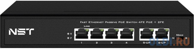 Passive PoE коммутатор Fast Ethernet на 6 портов. Порты: 4 х FE (10/100 Base-T, 52V 4,5(+) 7,8(–)) совместимы с PoE (IEEE 802.3af/at), 2 x FE (10/100