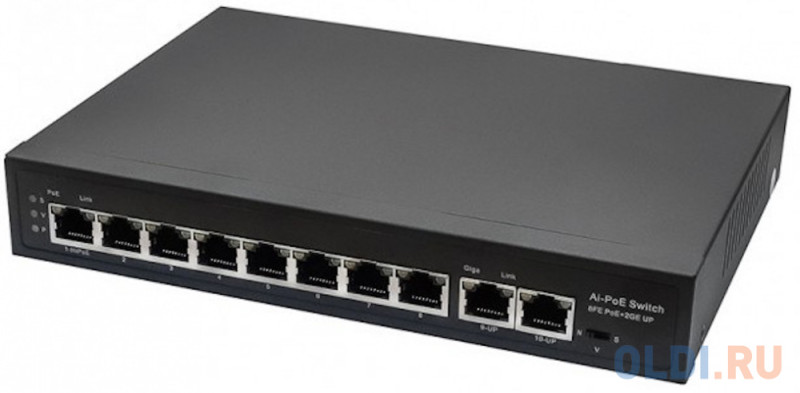 PoE коммутатор Fast Ethernet на 10 RJ45 портов. Порты: 8 x FE (10/100 Base-T) с поддержкой PoE (IEEE 802.3af/at), 2 x GE (10/100/1000 Base-T). Соответ