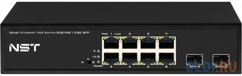 PoE коммутатор Gigabit Ethernet на 8 RJ45 + 2 SFP порта. Порты: 8 х GE (10/100/1000 Base-T) с поддержкой PoE (IEEE 802.3af/at), 2 x GE SFP (1000 Base-