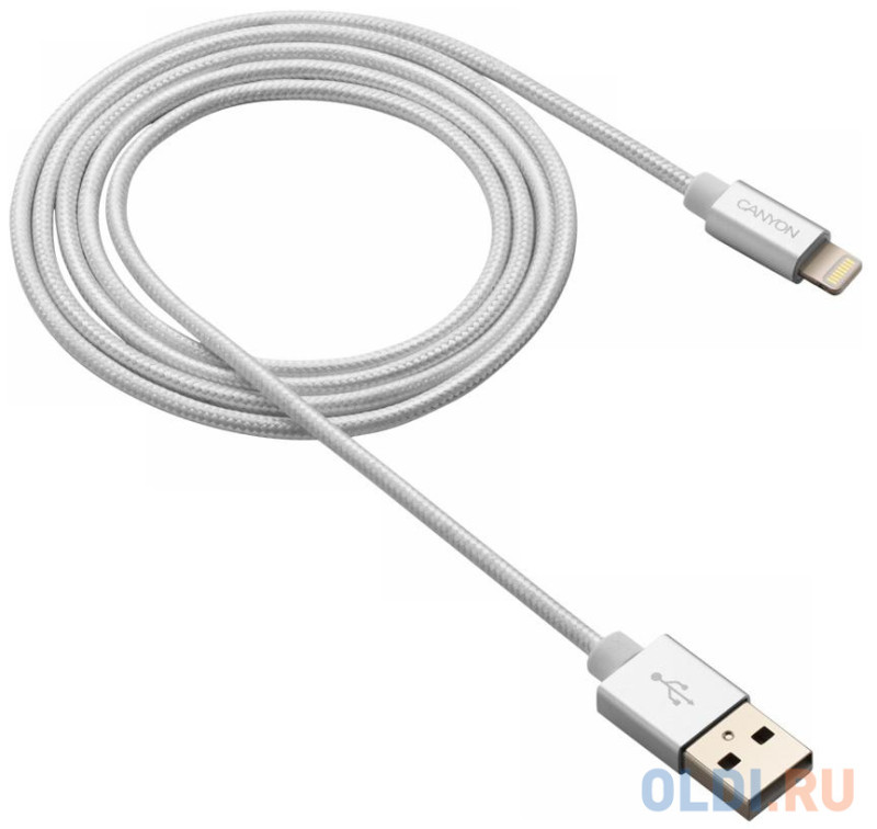 Кабель CANYON Charge & Sync MFI braided cable with metalic shell, USB to lightning, certified by Apple, cable length 1m, OD2.8mm, Pearl White