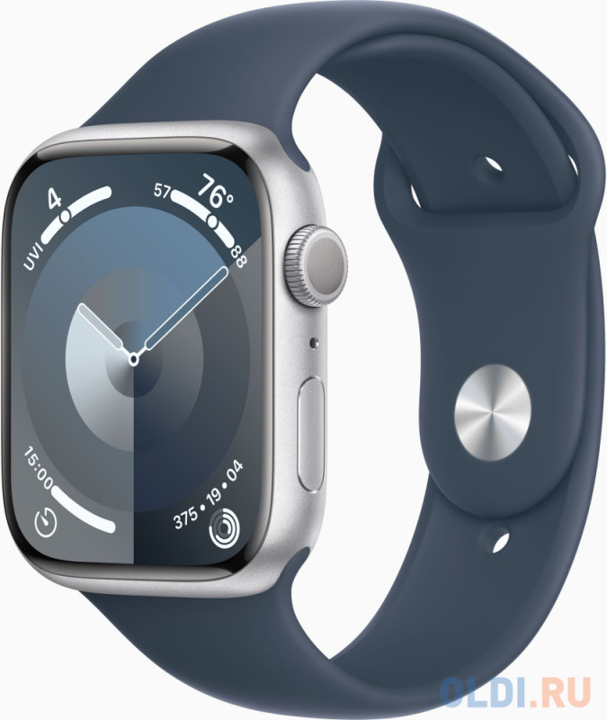 Смарт-часы Apple Watch Series 9 A2980 45мм OLED корп.серебристый Sport Band рем.синий разм.брасл.:160-210 мм (MR9E3ZP/A)