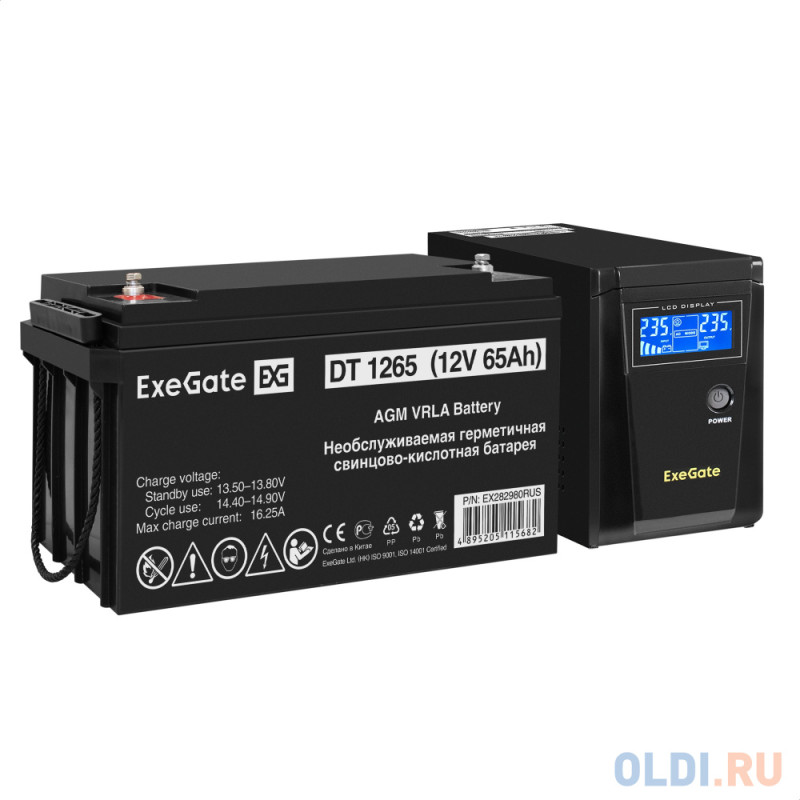 Комплект ИБП EX295986RUS + батарея 65Aч EX282980RUS 1шт (инвертор, синус, для котла) ExeGate SineTower SZ-600.LCD.AVR.1SH <600VA/360W, чистый синус