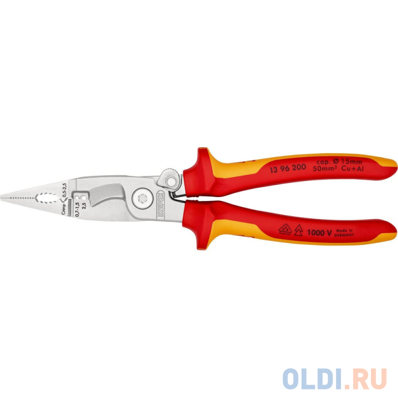 KNIPEX Клещи электромонтажные VDE, 6-в-1, зачистка: 0.75 - 1.5 + 2.5 мм, L-200 мм, KN-1396200SB