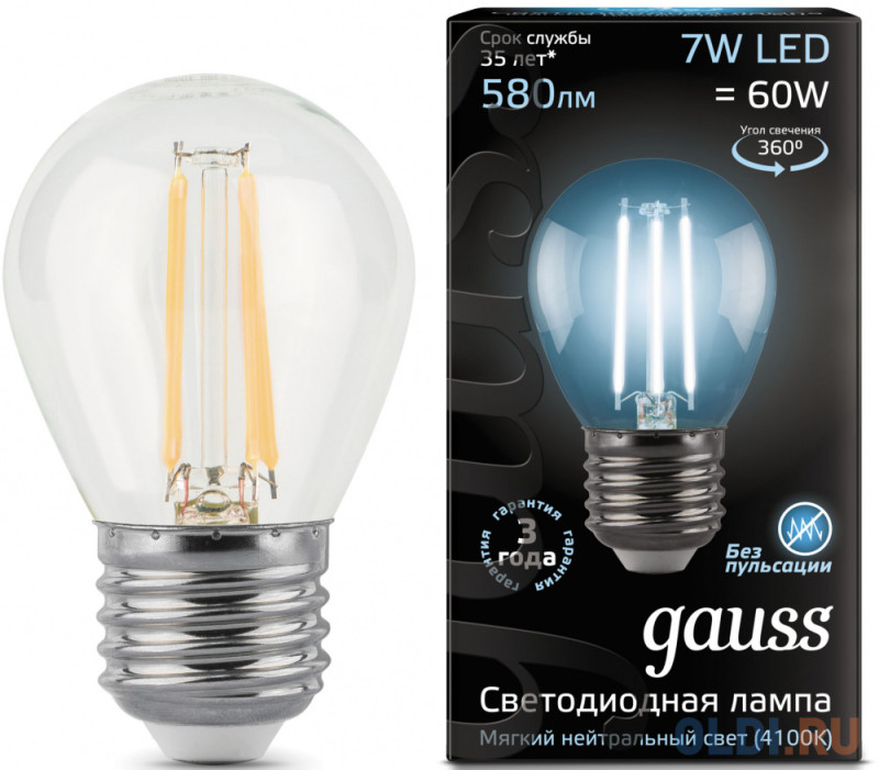 Лампа светодиодная груша Gauss Filament E27 7W 4100K 105802207