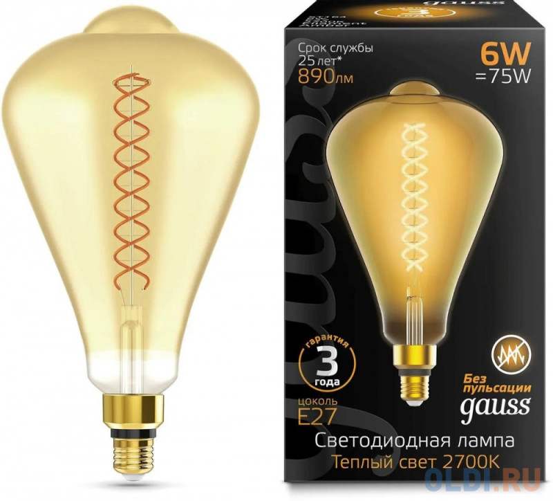 Лампа филам. Gauss Filament Vintage 6Вт цок.:E27 эдисон 220B 2700K св.свеч.бел.теп. (упак.:1шт) (157802118)