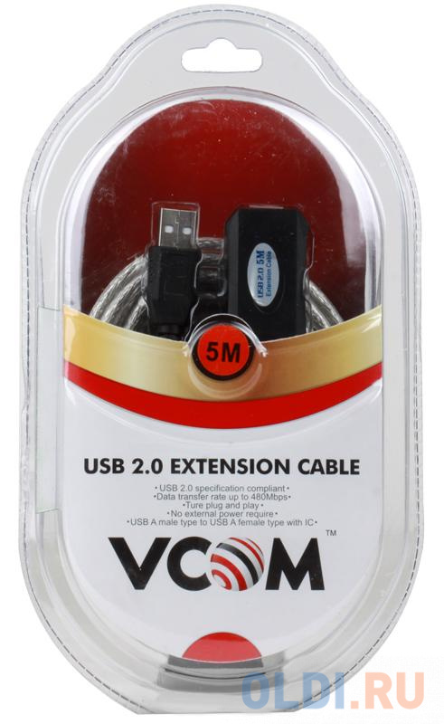 Кабель удлинитель активный(с усилителем) USB 2.0 AM/AF VCOM <VUS7049-5M 5м, repeater