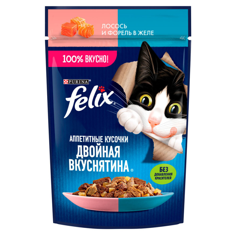 Felix Влажный корм (пауч) для взрослых кошек Двойная вкуснятина, с лососем и форелью в желе, 75 гр.