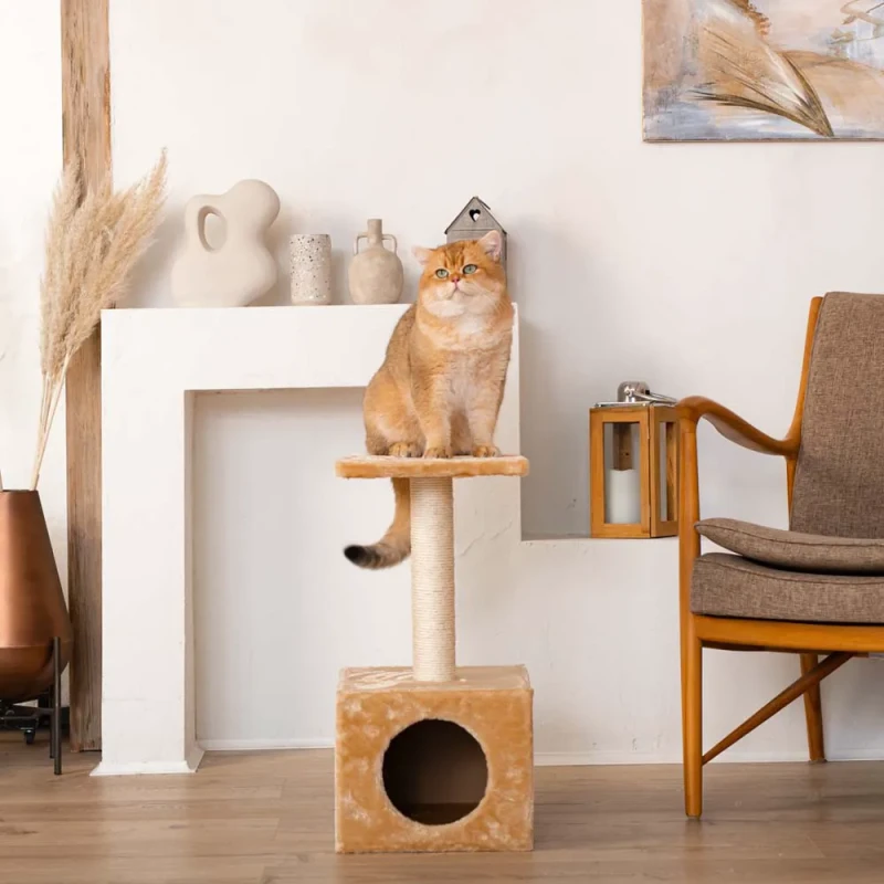 Petmax Дом-когтеточка Vicenza (30х30х55 см) квадратный с площадкой для кошек, бежевый