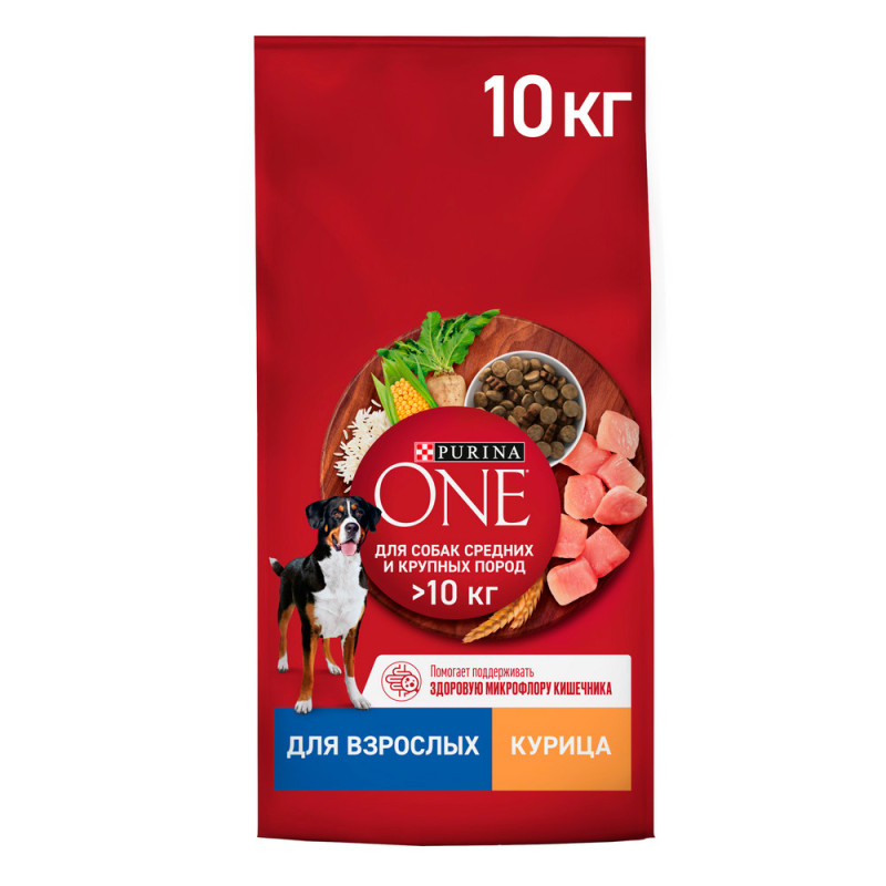 Purina ONE® Adult Сухой корм для взрослых собак средних и крупных пород, с курицей и рисом, 10 кг