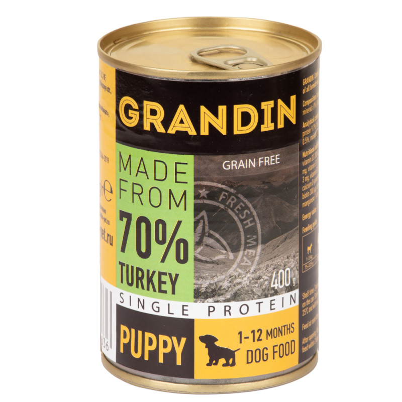 Grandin Puppy Влажный корм (консервы) для щенков всех пород, с индейкой и льняным маслом, 400 гр.