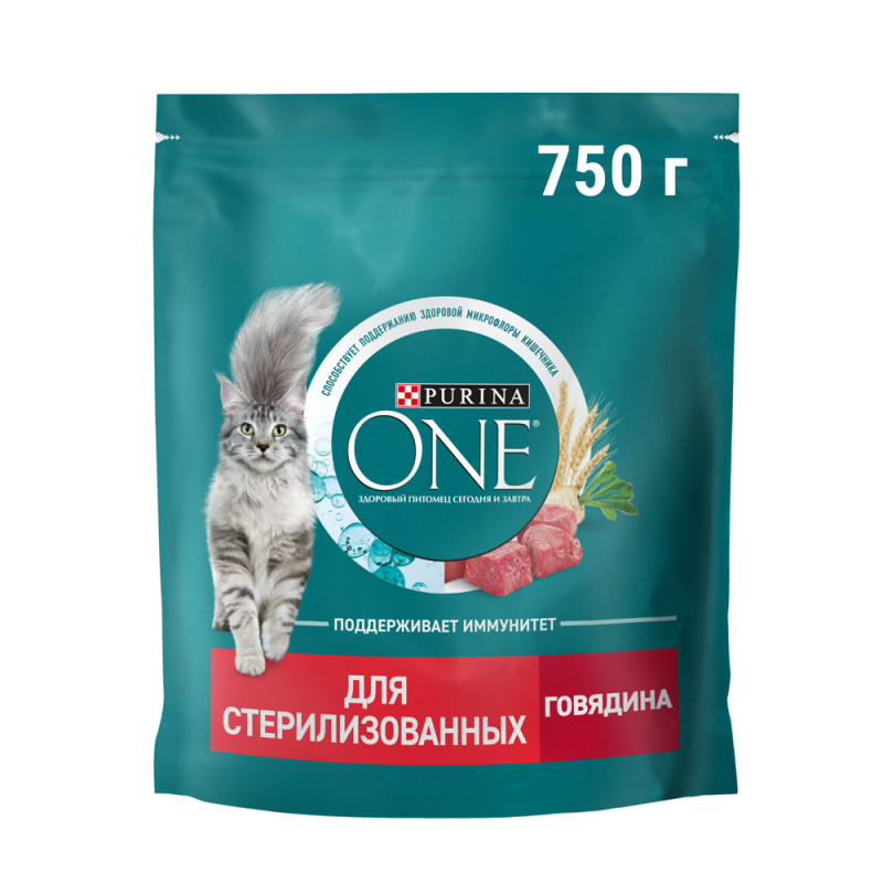 Purina ONE® Sterilised Сухой корм для взрослых стерилизованных кошек и кастрированных котов, с говядиной и пшеницей, 750 гр.