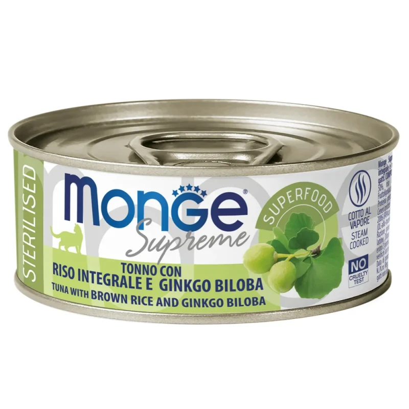 Monge Sterilized Влажный корм (консервы) для стерилизованных кошек, тунец, бурый рис и гинкго билоба, 80 гр.