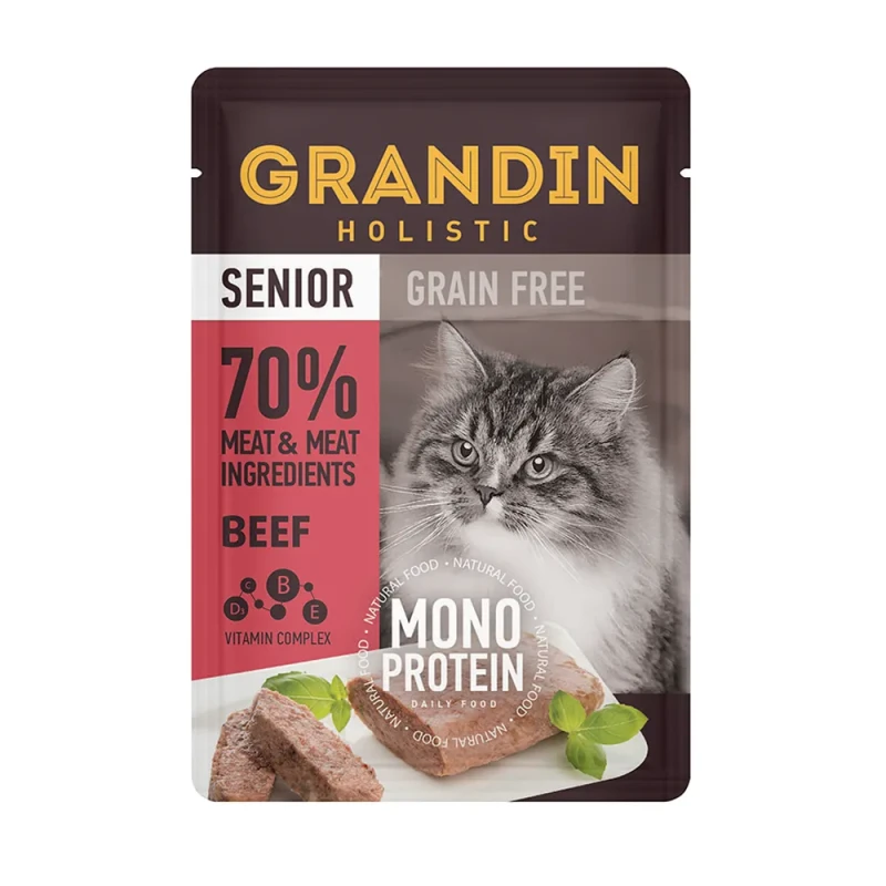 Grandin Senior Grain free Monoprotein Влажный корм (пауч) для пожилых кошек, патэ из нежного мяса говядины в желе, 85 гр.