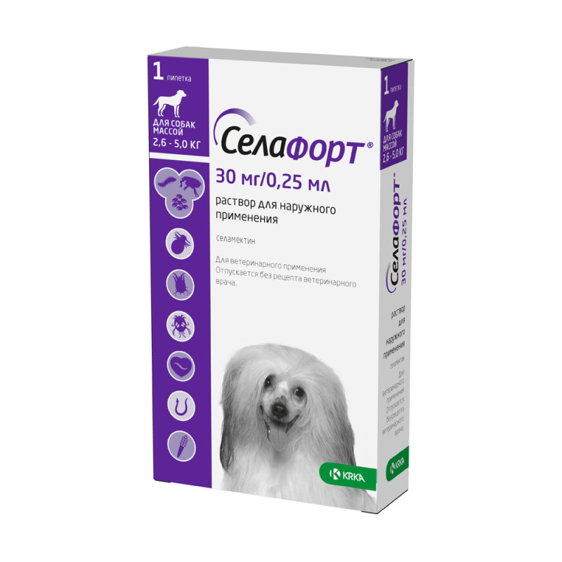 KRKA Селафорт Капли на холку для собак весом от 2,6 до 5 кг от блох, чесоточных клещей и гельминтов, 30 мг