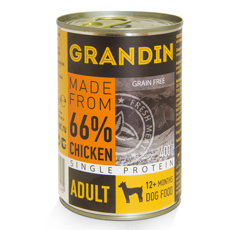 Grandin Adult Влажный корм (консервы) для взрослых собак всех пород, с курицей и льняным маслом, 400 гр.
