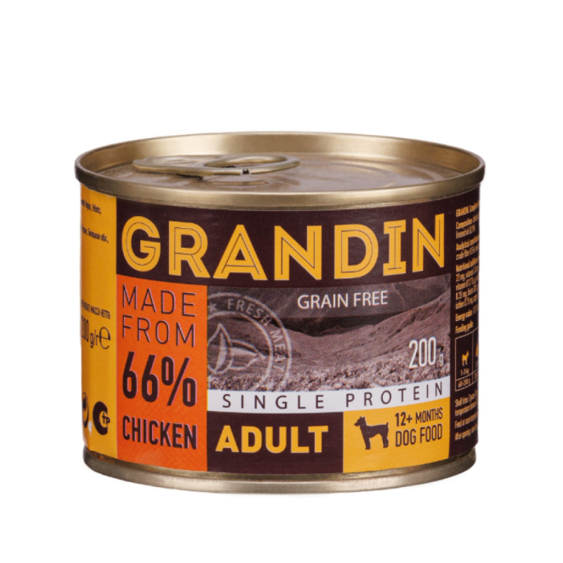 Grandin Adult Влажный корм (консервы) для взрослых собак всех пород, с курицей и льняным маслом, 200 гр.