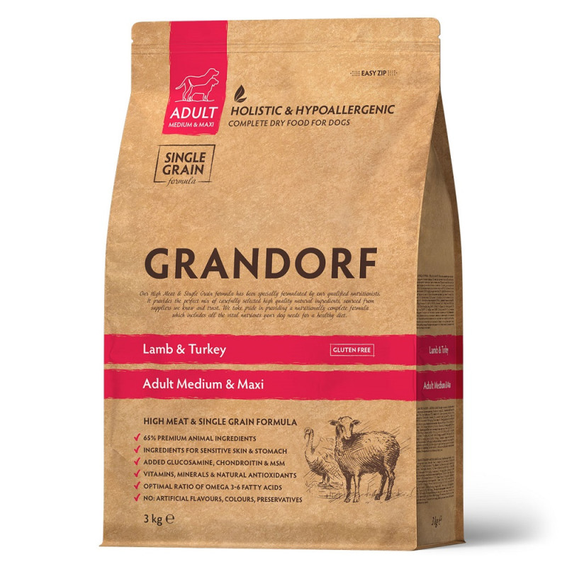 Grandorf Holistic Adult Medium & Maxi Сухой корм для взрослых собак средних и крупных пород, с ягненком и индейкой, 3 кг