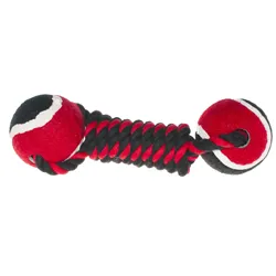 Petmax Игрушка для собак Гантель из теннисных мячей на веревке красный с черным 22 см