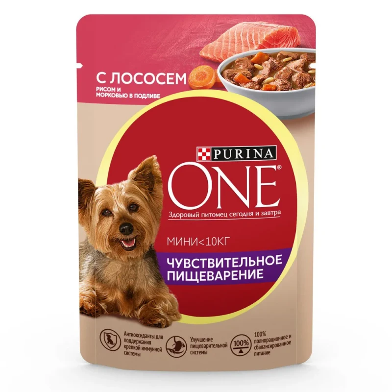 Purina ONE® Mini влажный корм для взрослых собак для мелких пород при чувствительном пищеварении с лососем, рисом и морковью, в подливе, 85 г