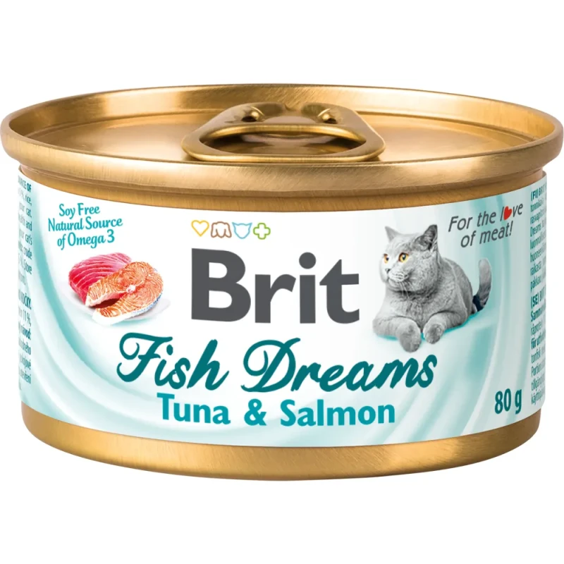 Brit Fish Dreams Влажный корм (консервы) для кошек, с тунцом и лососем, 80 гр.