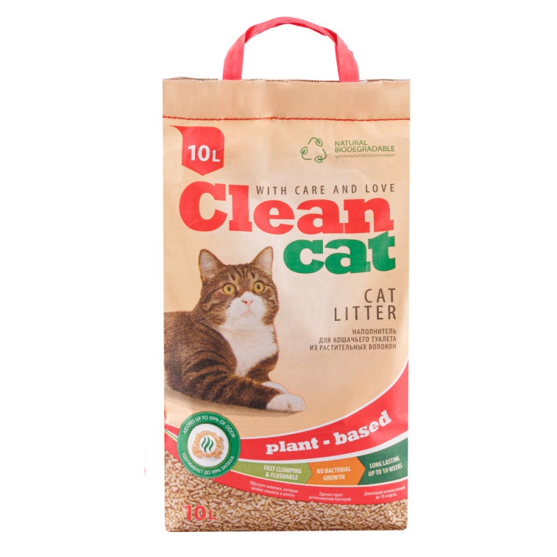Clean Cat Наполнитель комкующийся из растительных волокон для кошачьего туалета, 10 л