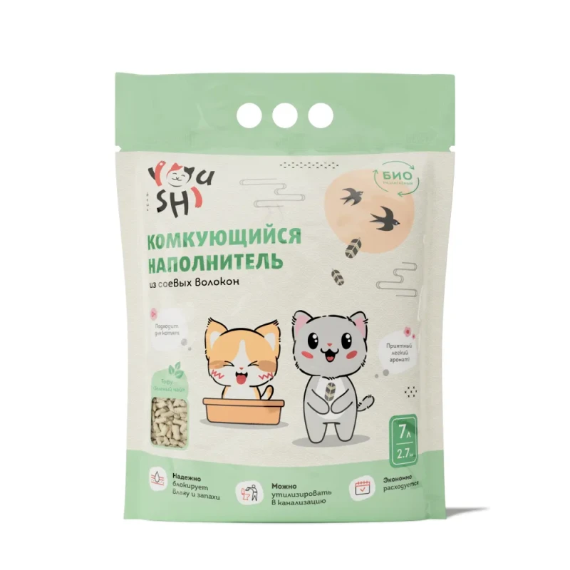 Youshi Наполнитель комкующийся Тофу зелёный чай для кошачьего туалета, 2,7 кг