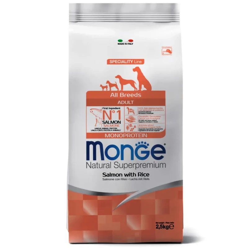Monge All Breeds Adult корм для взрослых собак всех пород, с лососем и рисом, 2,5 кг