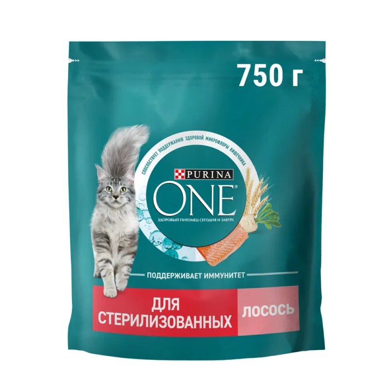 Purina ONE® Sterilised Сухой корм для взрослых стерилизованных кошек и кастрированных котов, с лососем и пшеницей, 750 гр.
